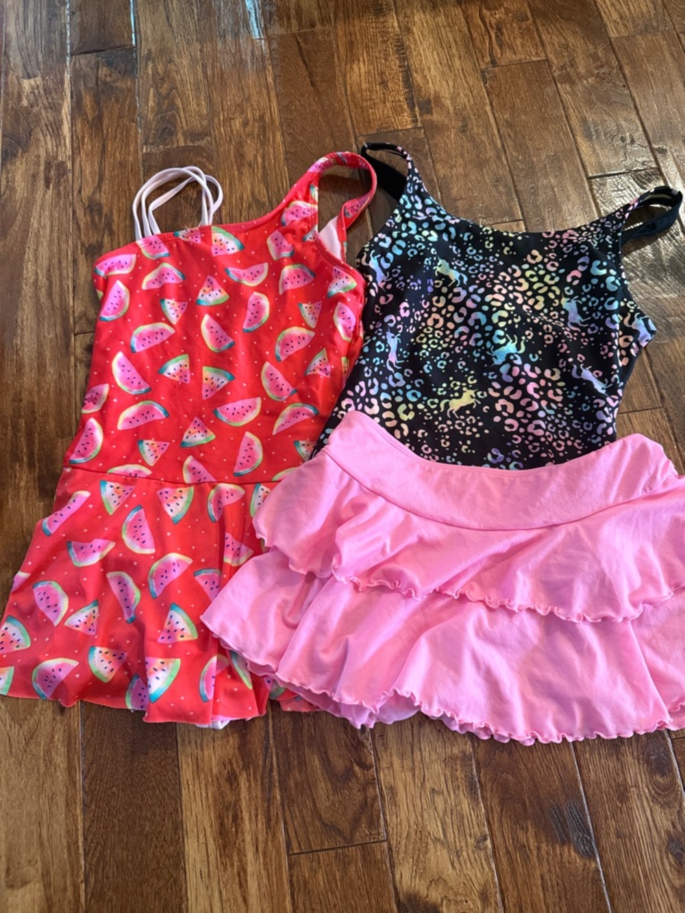 Cat and Jack Pink Watermelon Swim Dress and black unicorn suit with Skirt 10/12